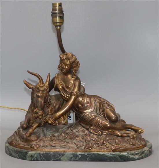A bronzed metal classical figural lamp on marble base, modelled as a lady feeding a goat length 37cm